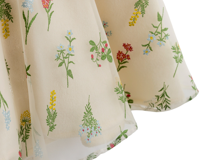 Close up of the wildflower print on cream fabric