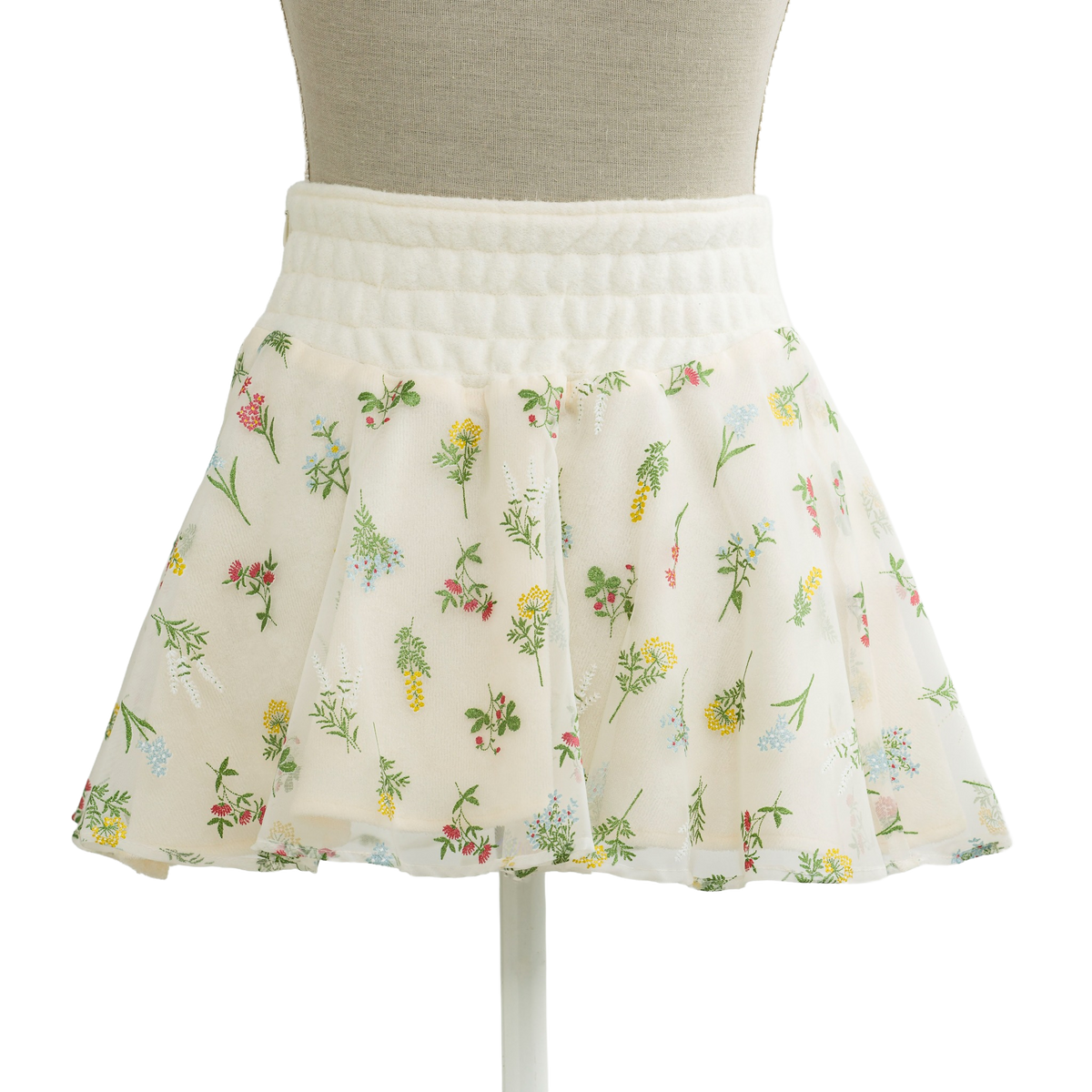 Side view of the cottagecore floral mini skirt