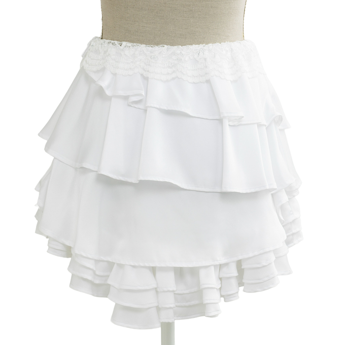 Side view of the tiered white ruffle mini skirt