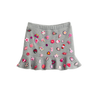 Grey charm mini skirt with removable pink charms and a ruffle hem, front view