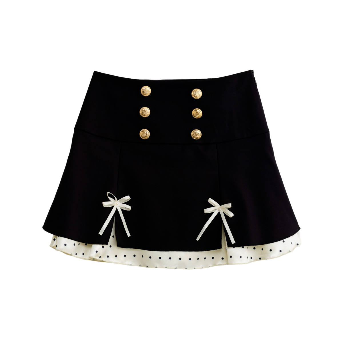 Black polka dot mini skirt with satin ribbon bows, front view