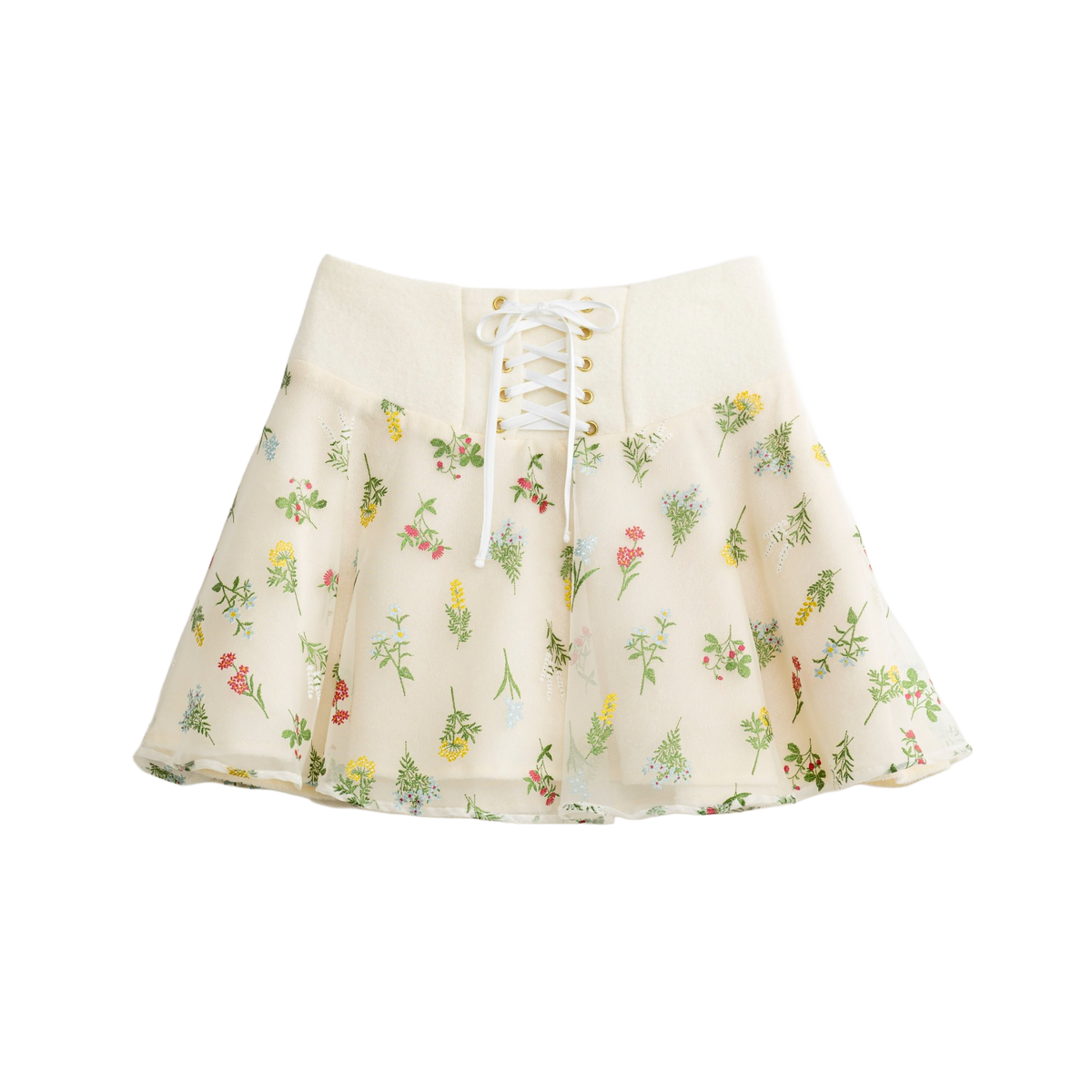 Cream floral mini skirt with a lace-up waist, front view