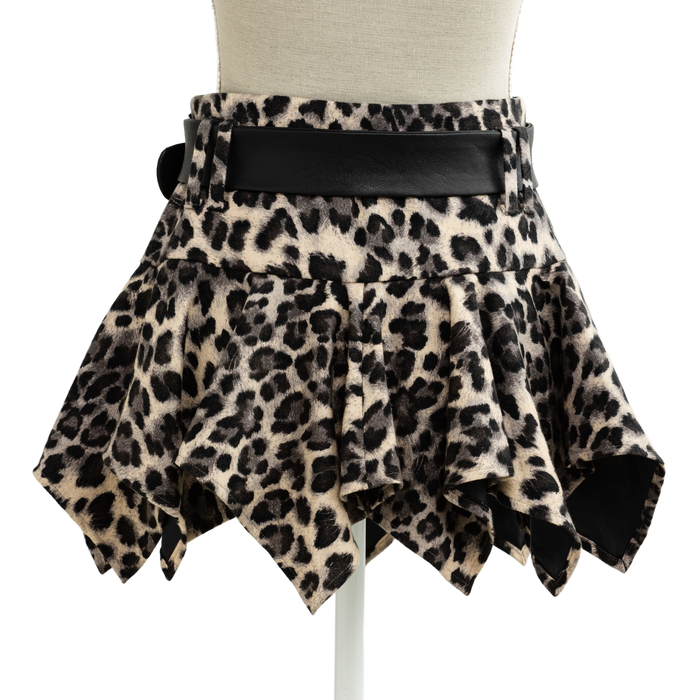 Side view of the leopard print mini skirt with black leather belt