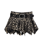 Leopard print mini skirt with a handkerchief hem and rhinestone buckle belt, front view