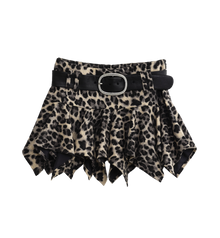 Leopard print mini skirt with a handkerchief hem and rhinestone buckle belt, front view