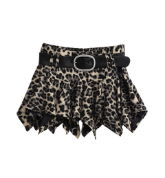 Leopard print mini skirt with a handkerchief hem and rhinestone buckle belt, front view