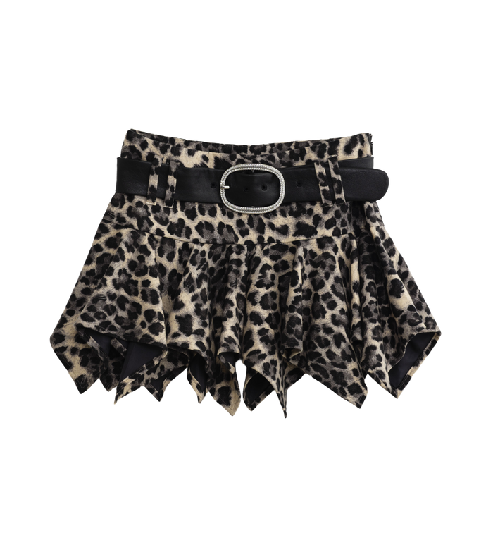 Leopard print mini skirt with a handkerchief hem and rhinestone buckle belt, front view