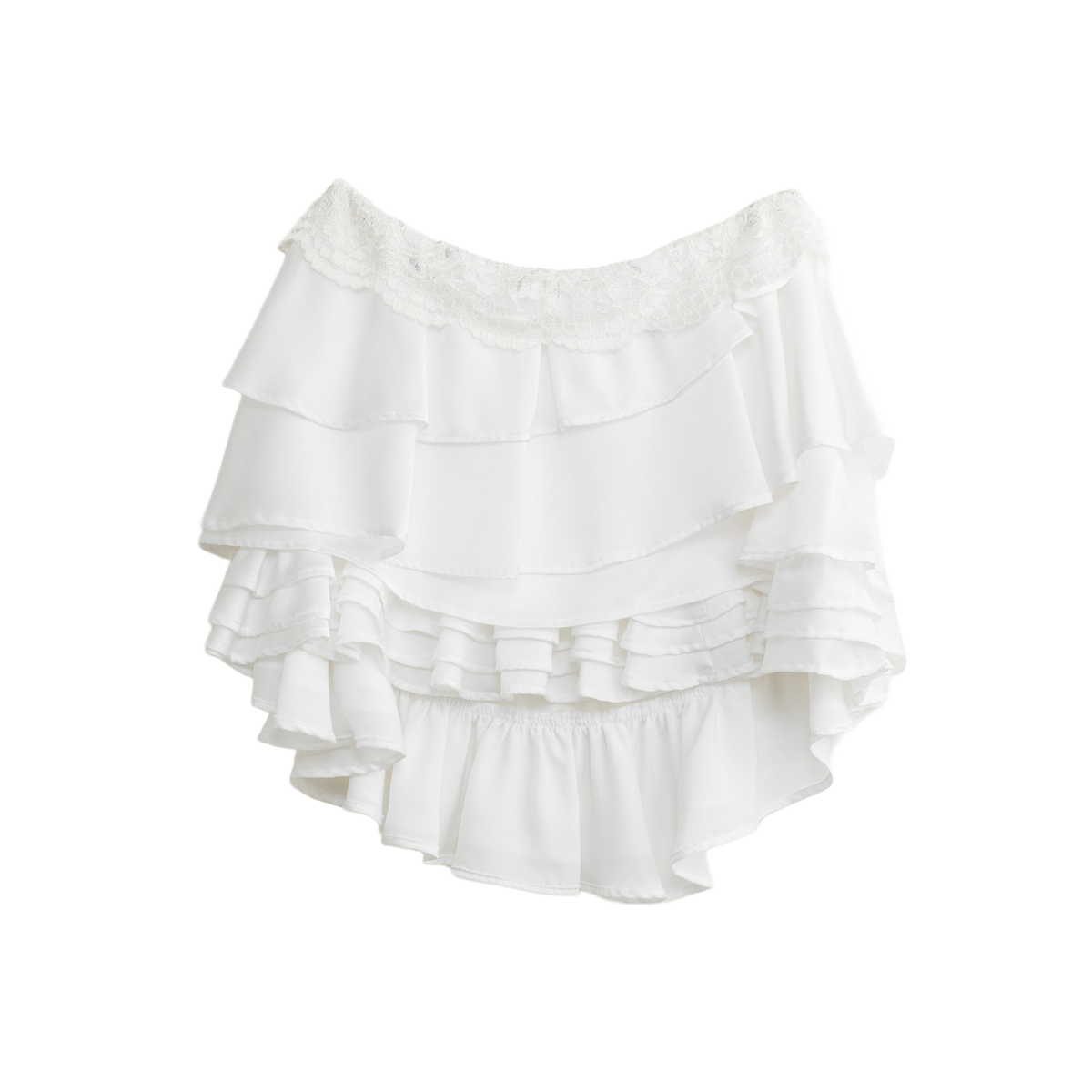 White tiered ruffle mini skirt inspired by a wedding dress, front view