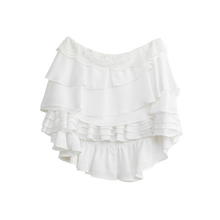 White tiered ruffle mini skirt inspired by a wedding dress, front view
