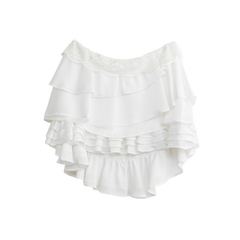 White tiered ruffle mini skirt inspired by a wedding dress, front view