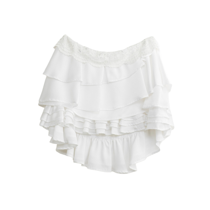 White tiered ruffle mini skirt inspired by a wedding dress, front view